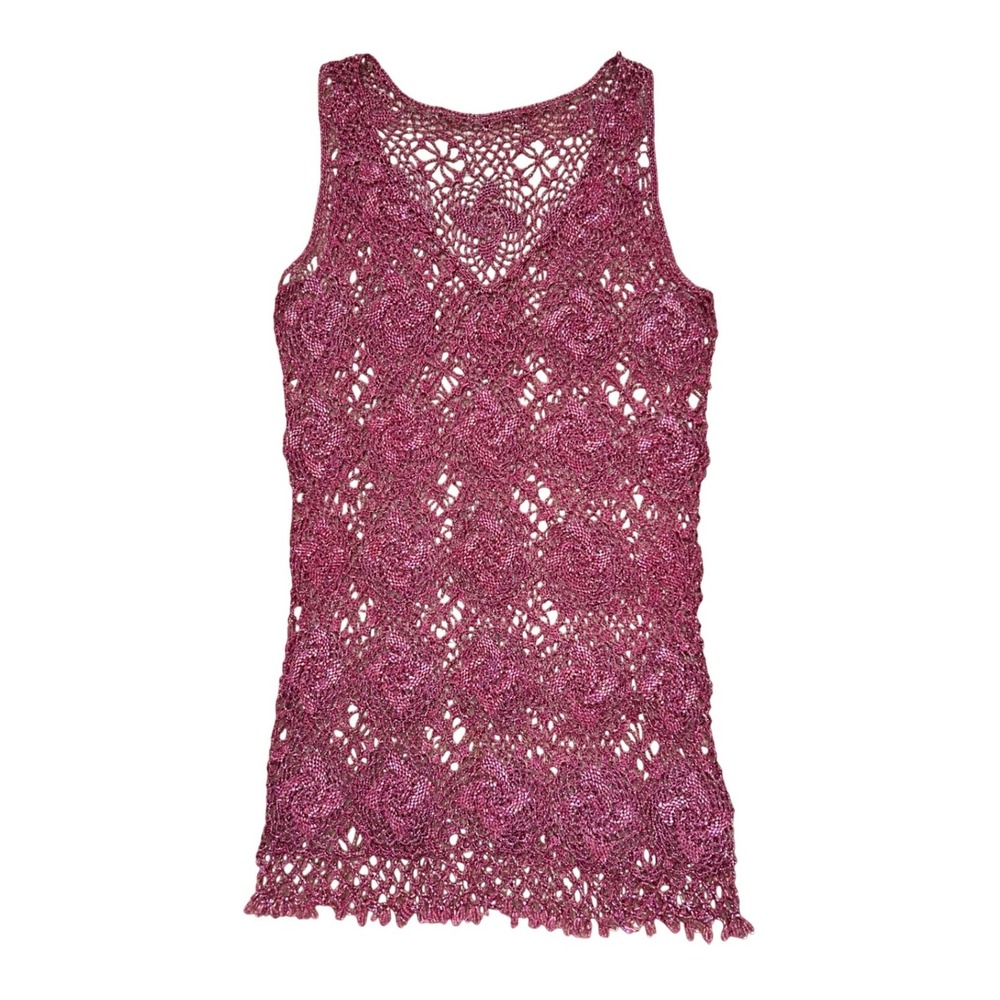 Beaded Festival Tank Top Magenta Pink Crochet Open Knit Metallic Fringe